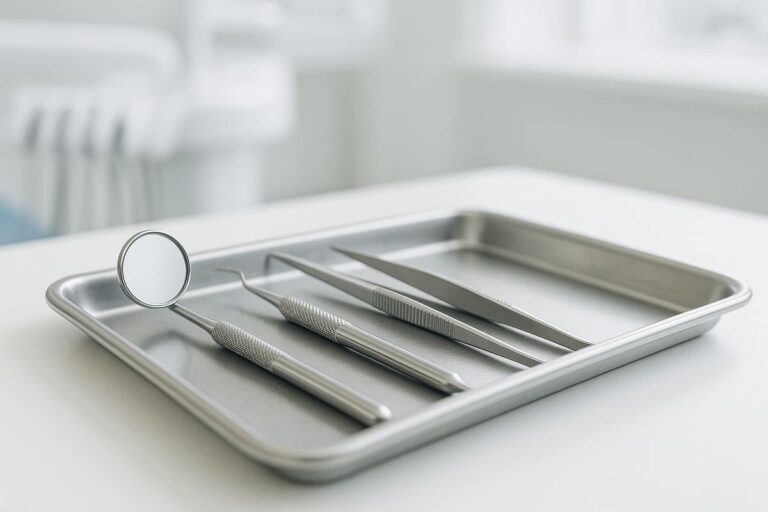 Zestaw nowoczesnych narzędzi dentystycznych, w tym lusterko, zgłębnik, pinceta i skaler, ułożony na metalowej tacy w jasnym gabinecie stomatologicznym – sprzęt używany m.in. podczas zakładania plomb.