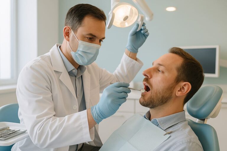 Dentysta podczas „wizyta kontrolna” unosi lampę i lusterkiem ogląda zęby dorosłego pacjenta w nowoczesnym gabinecie.