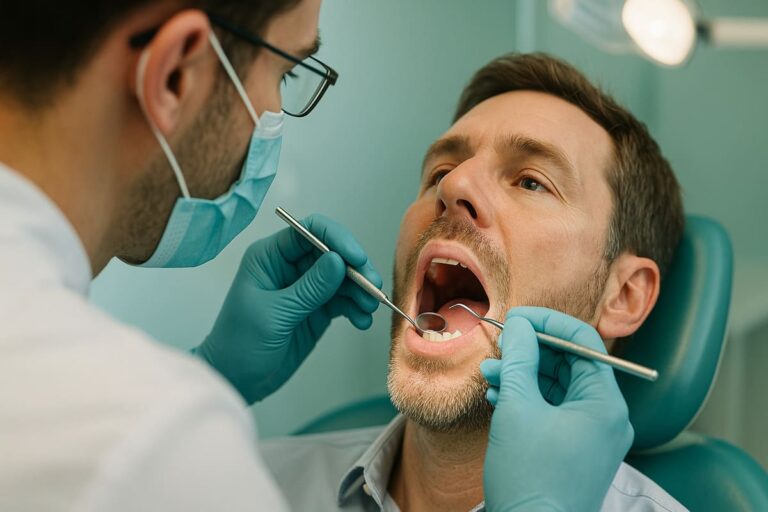 Dentysta w maseczce i rękawiczkach bada zęby dorosłego pacjenta przy pomocy lusterka i sondy.