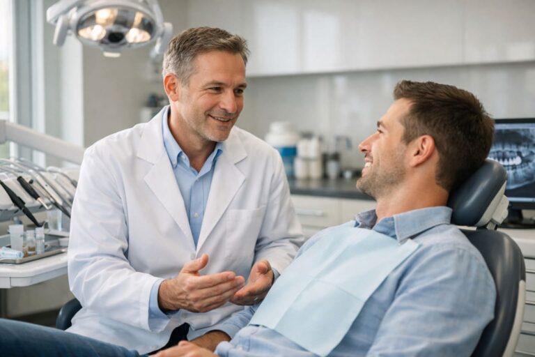 Nowoczesny gabinet stomatologiczny, dentysta rozmawia z dorosłym pacjentem na fotelu przed zabiegiem wybielania zębów Bielsko