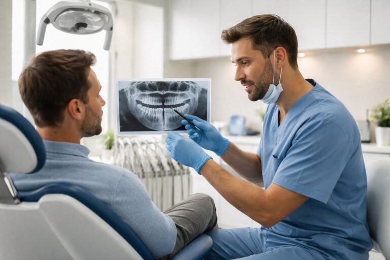 Dentysta chirurg Bielsko podczas konsultacji stomatologicznej omawia zdjęcie RTG z pacjentem siedzącym na fotelu w nowoczesnym gabinecie dentystycznym.